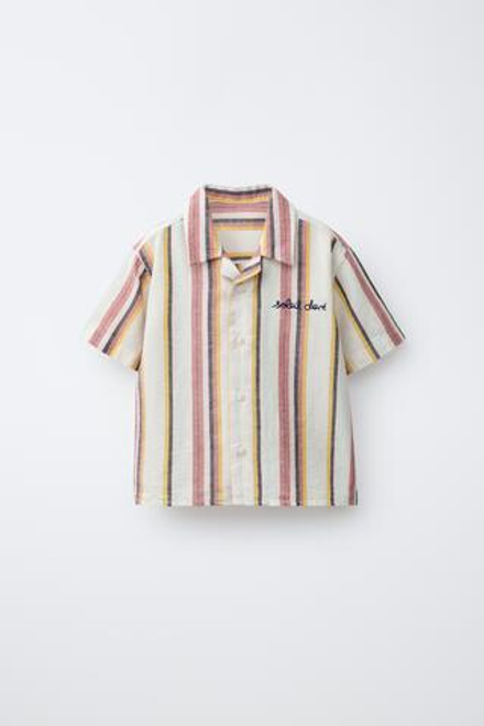 ZARA РУБАШКА В ПОЛОСКУ ИЗ ХЛОПКА И ЛЬНА, РАЗНОЦВЕТНЫЙ