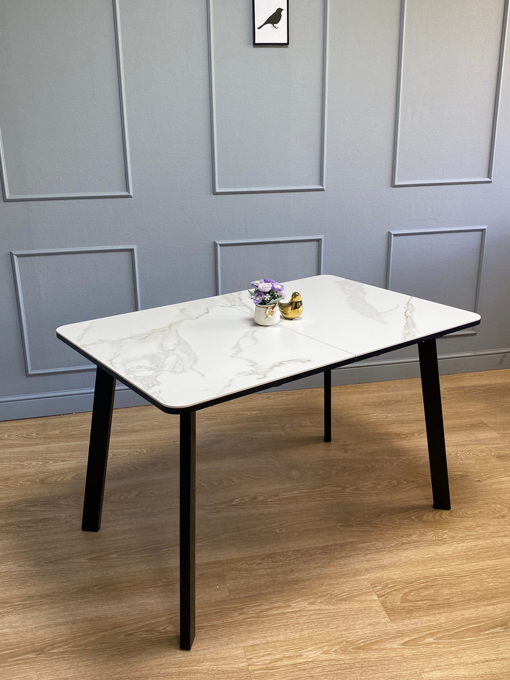 Стол обеденный, кухонный раздвижной KENNER AA1200 черный/керамика мрамор белый