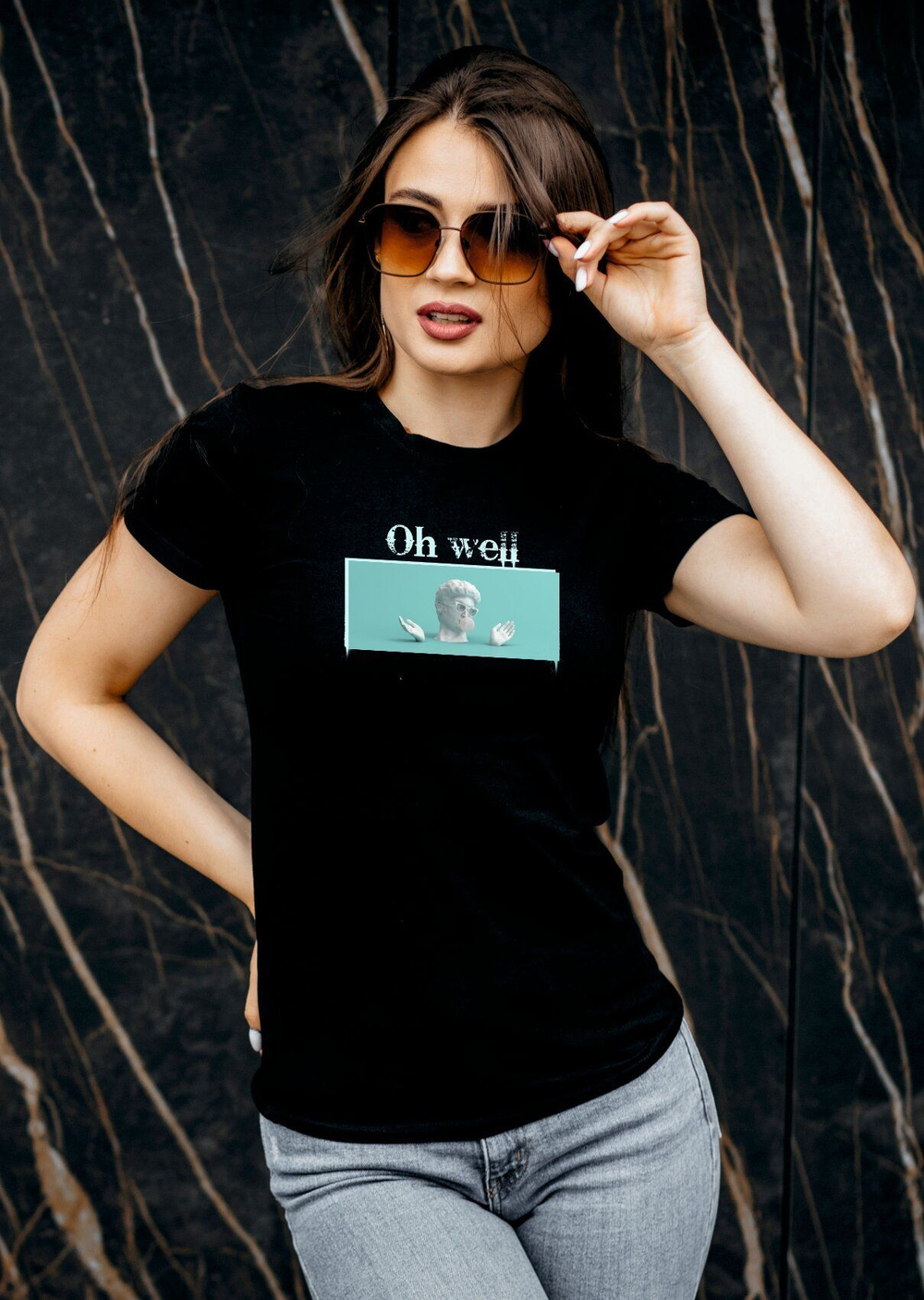 Футболка черная с принтом Oh Well, размер 44