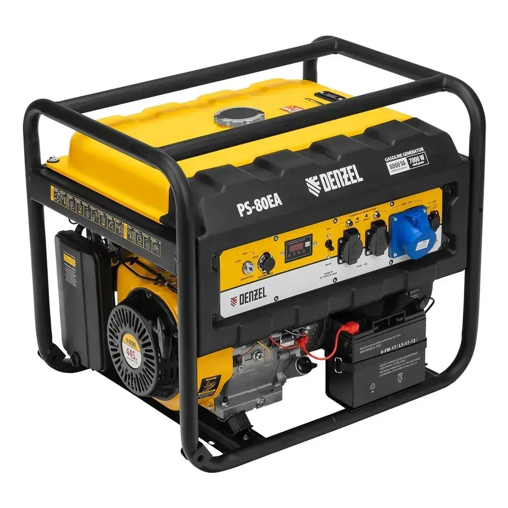 Генератор бензиновый DENZEL PS 80 EA, 8 кВт мощность и 445 см3 объем двигателя, 25 л объем топливного бака, электростартер и блок AVR, 3 розетки и выход тока USB 5 В, 946924