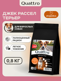 Корм сухой для взрослых собак породы Джек Рассел Терьер, с индейкой, 800 гр, QUATTRO