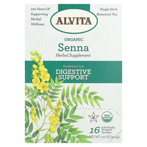 Alvita Teas, органический растительный чай из сенны, без кофеина, 16 индивидуально упакованных чайных пакетиков, 30,4 г (1,07 унции)