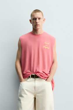 ZARA ФУТБОЛКА-МАЙКА RELAXED FIT С ПРИНТОМ, НЕОНОВО-РОЗОВЫЙ