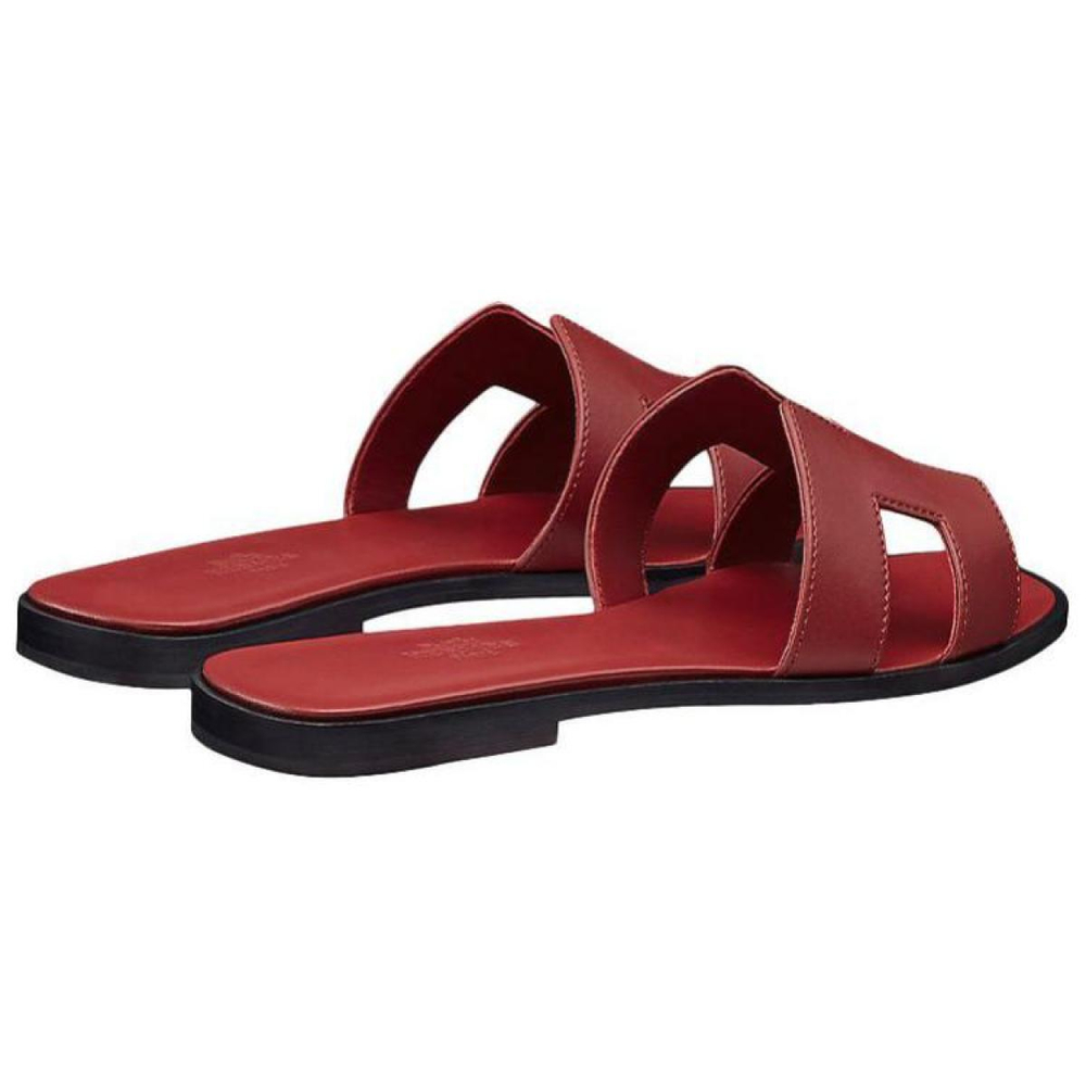 Hermes Oran calfskin comfortable all-match one-word slippers women's wine red, H202230Z D4