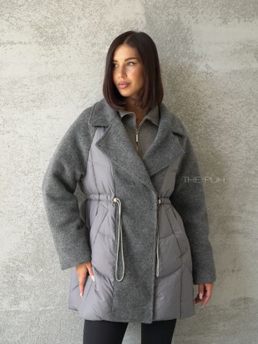 Серый комбинированный пуховик-пальто на кулиске