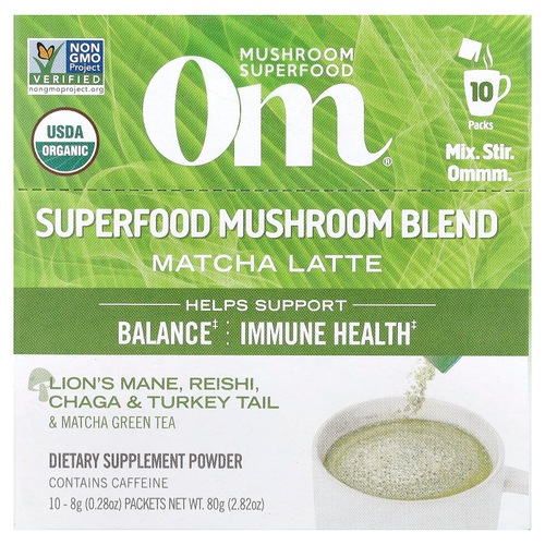 Om Mushrooms, Смесь маття латте с грибами, 10 пакетиков по 0,28 унции (8 г) каждый