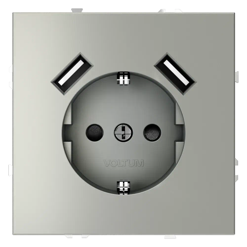 Розетка встраиваемая VOLTUM S70 с заземлением и защитными шторками, 16А, с USB, A+A, (сталь)