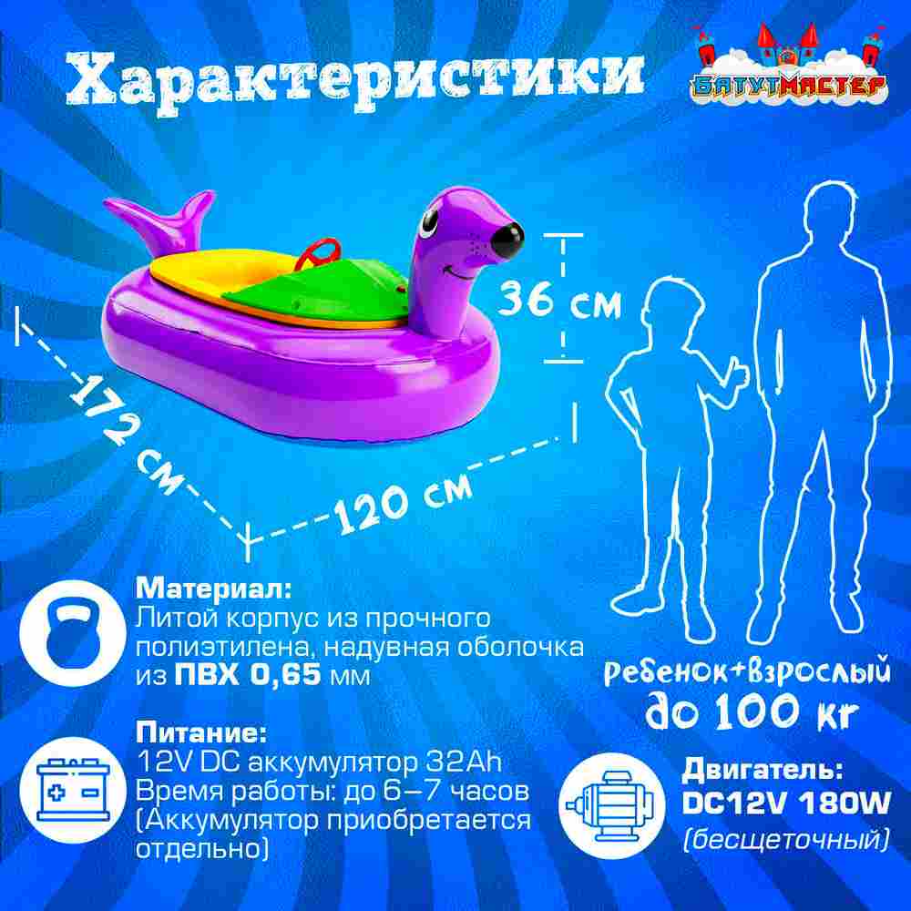 Лодка для парка аттракционов «Тюлень», взрослая, на часовом механизме, 172×120×36 см