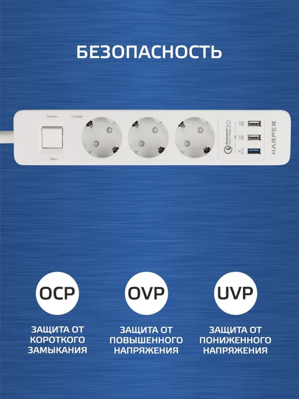 Сетевой фильтр с usb HARPER UCH-340, 3 розетки, 2 USB + 1 USB с quick charge, кабель 1.5 метра, 4000 Вт, 16А, белый