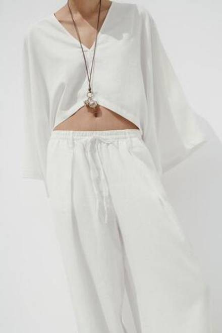 ZARA БРЮКИ ИЗ ЛЬНА, ЖЕЛТОВАТО-БЕЛЫЙ