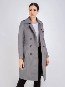 Тренч длинный кожаный с поясом плащ на весну