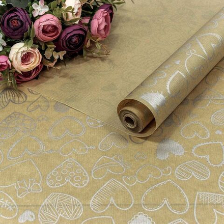 Упаковочная бумага, Крафт 40гр (0,7*10 м) Верже, Сердечки фигурные, Серебро, 1 шт.