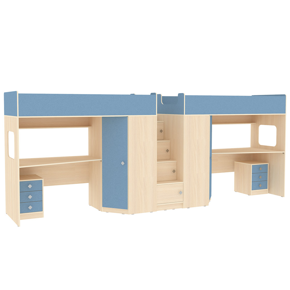 Двухъярусная кровать КарИВи Л-BB604-604 с тумбами 80х190  Дуб Молочный Светло-синий, голубой