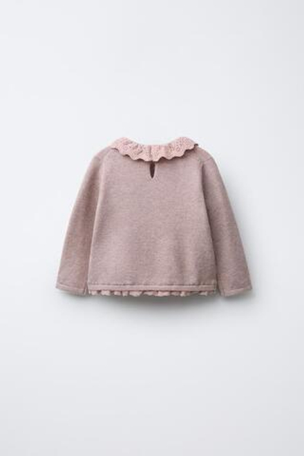 ZARA ВЯЗАНЫЙ ДЖЕМПЕР С КРУЖЕВОМ, БЛЕДНО-РОЗОВЫЙ