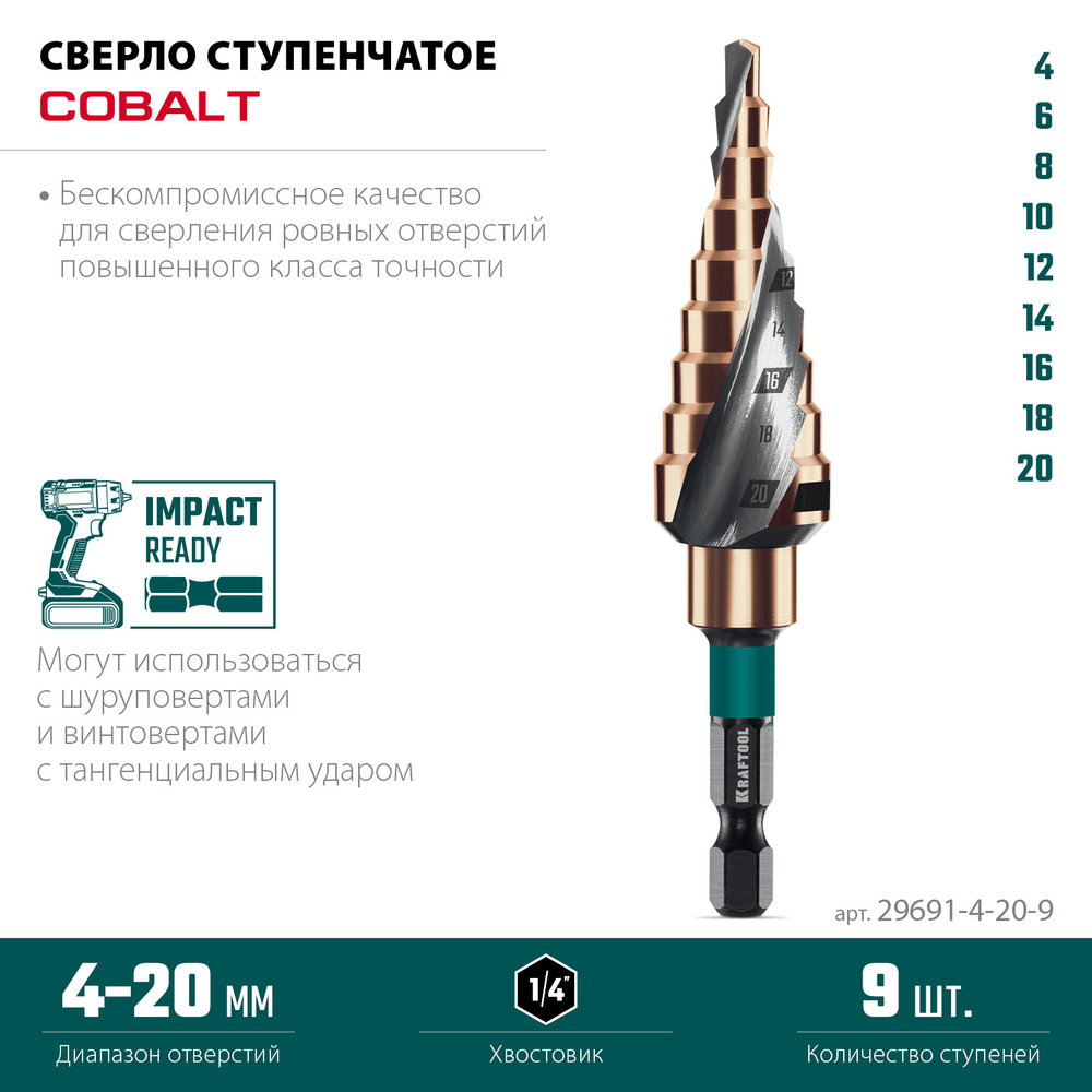 KRAFTOOL COBALT 4-20мм, 9 ступеней, азотирование, винтовая спираль, сверло ступенчатое(29691-4-20-9)
