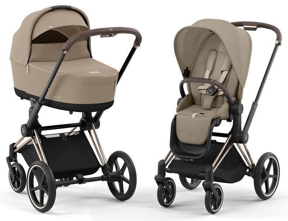 Коляска Cybex Priam IV Rosegold complete Aton B2 Bay Blue Base One 4 в 1 Cozy Beige
