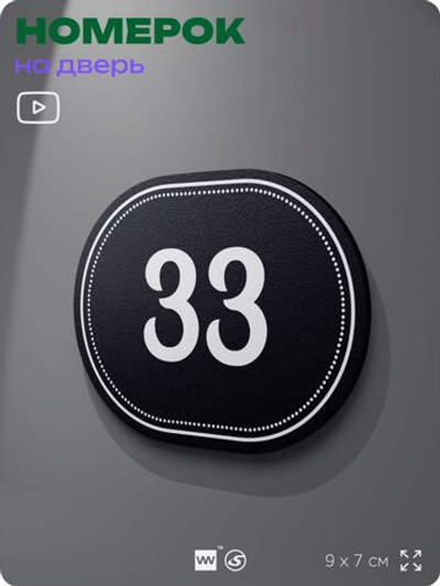 Номерок на дверь квартиры 33, для кабинета, офиса, шильдик 9 х 7 см, черный, Айдентика Технолоджи
