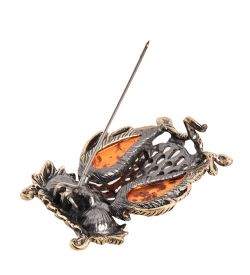 AM-2392 Брошь «Сова на веточке» (латунь, янтарь)