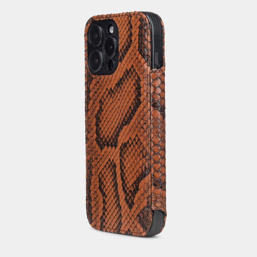 Чехол-книжка кожаная для iPhone 16 Pro, питон цвета коньяк