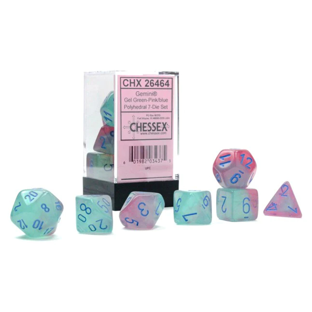 Chessex 7-dice set Gemini Gel Green-Pink/Blue Luminary