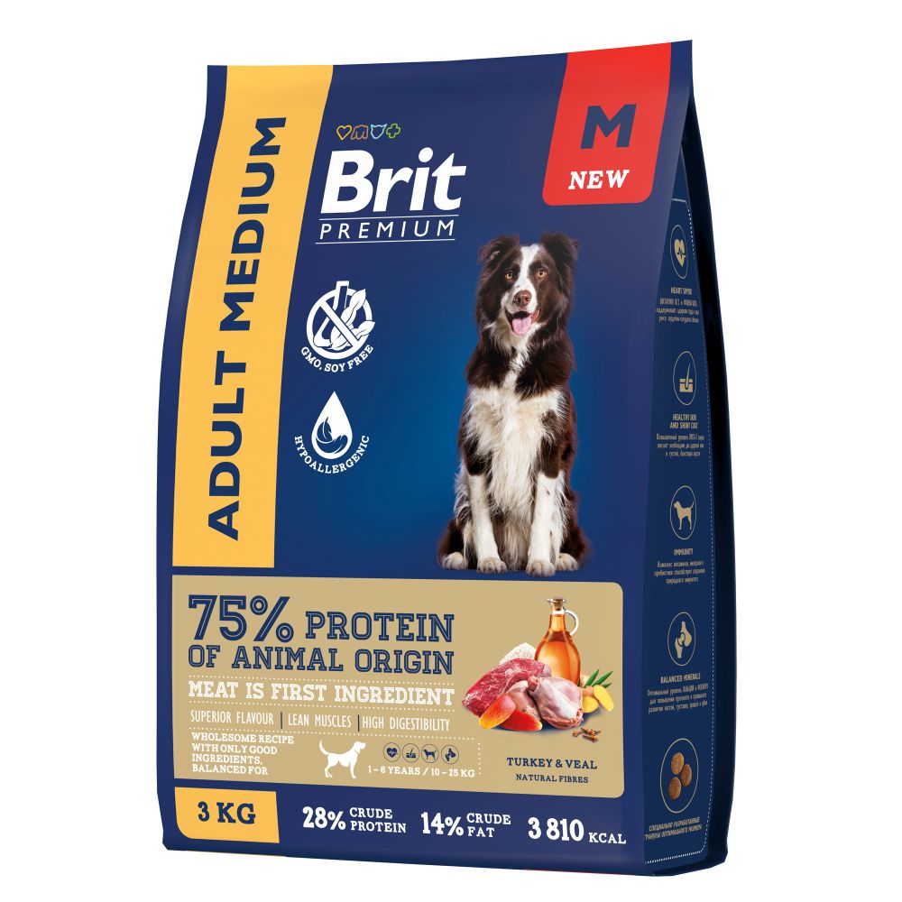 Сухой корм Brit Premium Dog Adult Medium с индейкой и телятиной для взрослых собак средних пород 3 кг