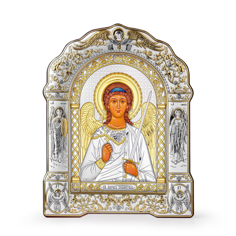 Ангел хранитель, икона арочная с рамкой, белое дерево 206х270