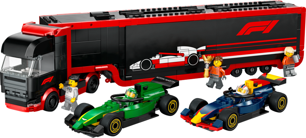 LEGO City 60445 — грузовик F1 с автомобилями RB20 и AMR24, паддок и пит-стоп