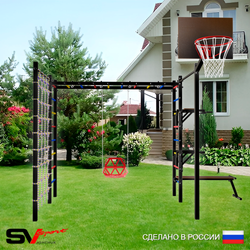Уличная шведская стенка Sv Sport рукоход с комплектом турник прямой 2шт У5596К (Брусья/Стойка/Скамья/Со спинкой/Щит баскет/Сетка)