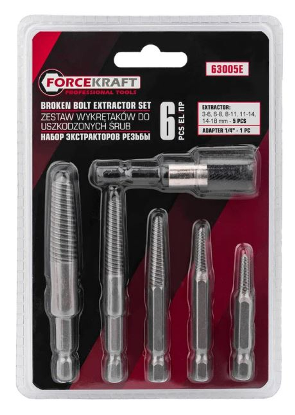 Набор экстракторов резьбы  6пр FORCEKRAFT 1/4 (3-6,6-8,8-11,11-14,14-18) FK-63005E