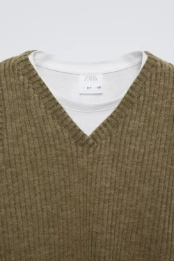 ZARA ТРИКОТАЖНЫЙ ТОП С КОНТРАСТНЫМИ РУКАВАМИ, ЗЕЛЕНЫЙ С МЕЛАНЖЕВЫМ ЭФФЕКТОМ