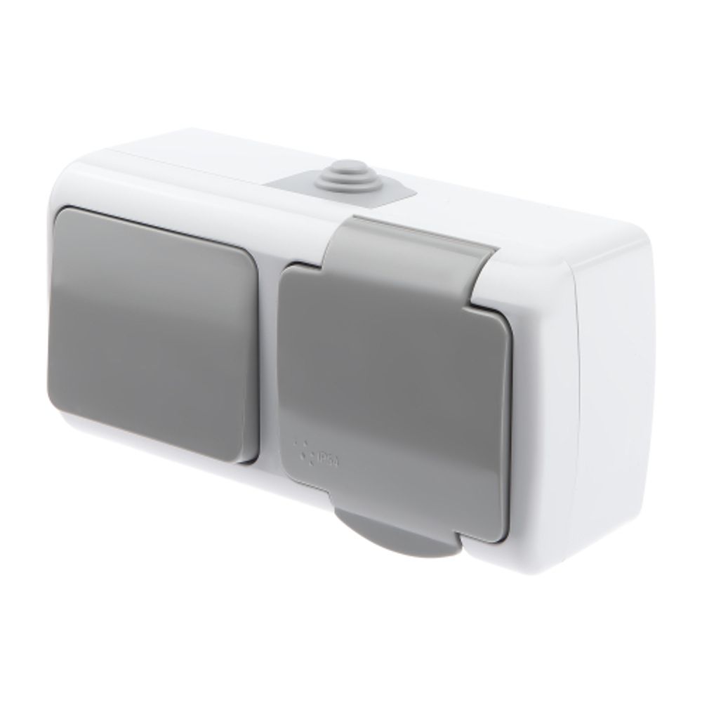 Блок розетка с выключателем Intro Atlantic 5-701-03 одноклавишным 2P+E, 10А-250В, открытой установки, IP54, серый | Intro