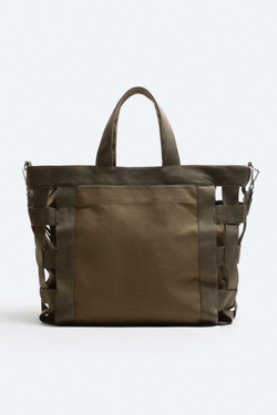 ZARA ПЛЕТЕНАЯ ХОЛЩОВАЯ СУМКА-ШОПЕР, ЗЕЛЕНЫЙ ХАКИ