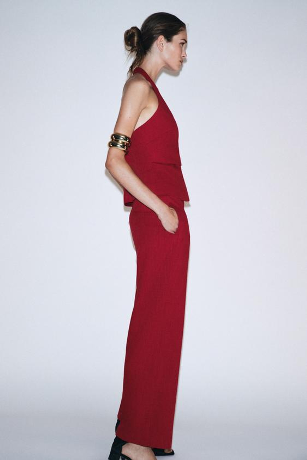 ZARA ЖИЛЕТ ХАЛТЕР С ЗАВЯЗКОЙ, ВИШНЕВЫЙ