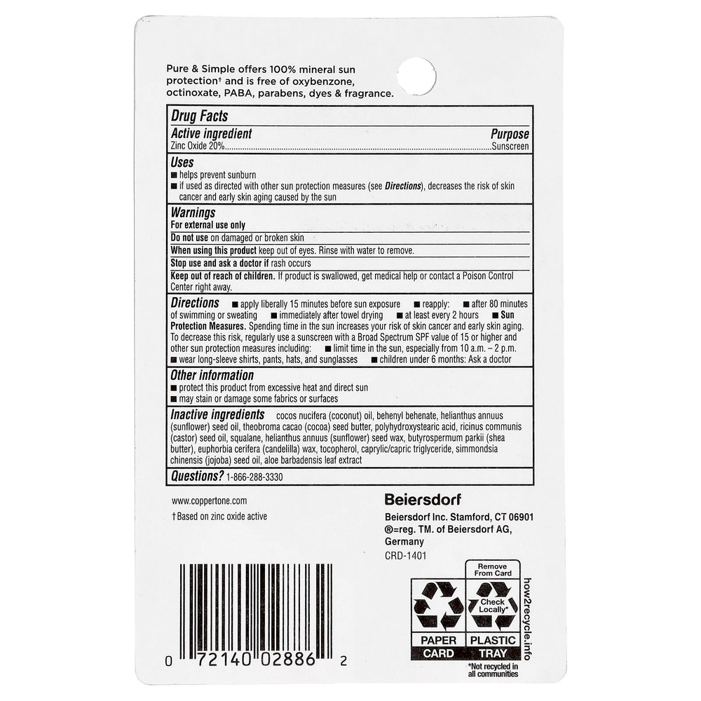 Coppertone, Baby, Pure & Simple, солнцезащитный стик, SPF 50, 13,9 г (0,49 унции)