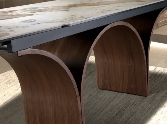 Раздвижной стол 1156 из керамики с эффектом мрамора и стали с отделкой под орех