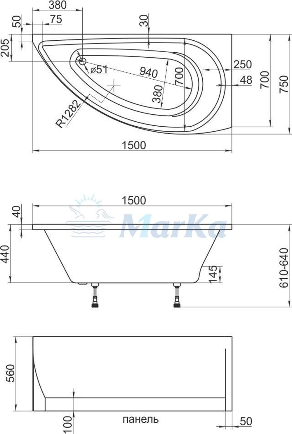 Акриловая ванна 1Marka Piccolo 150*75 правая из каталога Ванны акриловые