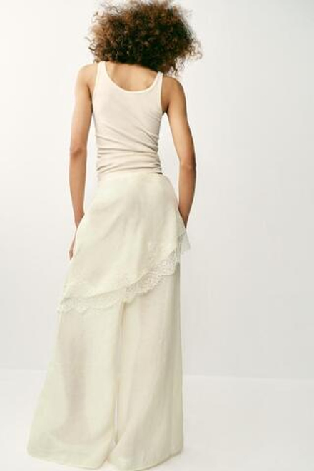 ZARA ШИРОКИЕ БРЮКИ ПАРЕО С КРУЖЕВОМ, ЭКРЮ