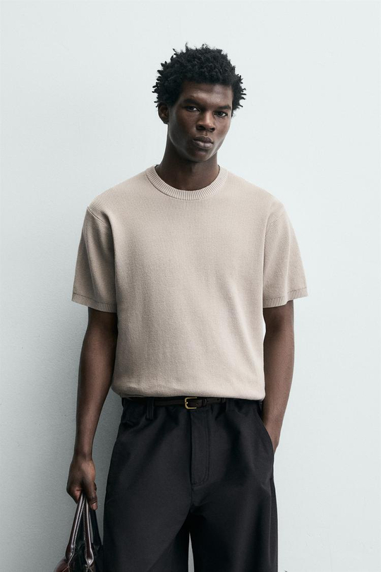 ZARA ФУТБОЛКА ПЛАТОЧНОЙ ВЯЗКИ, ЖЕМЧУЖНО-СЕРЫЙ