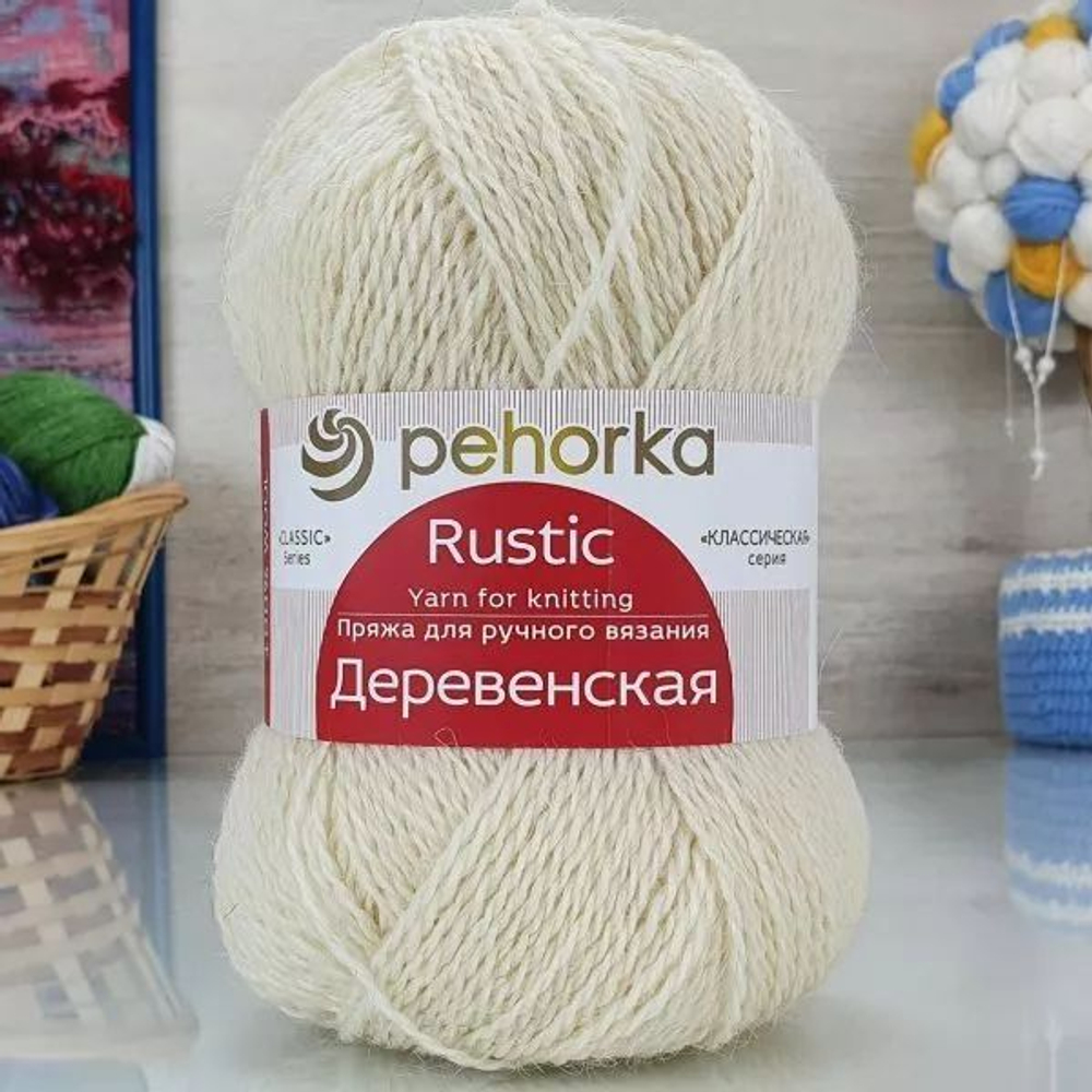 Деревенская пряжа Пехорка 100% полугрубая шерсть 5х100г/250м 01 белый