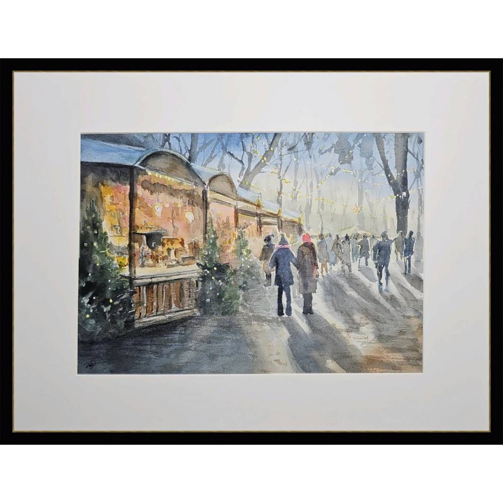 Картина авторская акварельная в паспарту 30х40 см на стену для интерьера "Предновогодняя ярмарка"