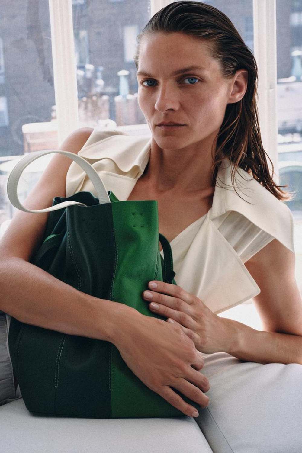 ZARA КОМБИНИРОВАННАЯ КОЖАНАЯ СУМКА, ЗЕЛЕНЫЙ