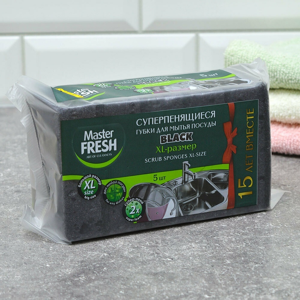 Губка для посуды 5шт XL (bubble-поролон) "Black", Master FRESH