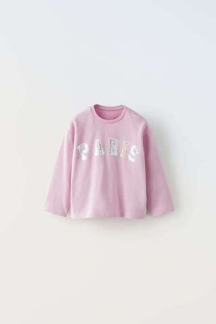 ZARA ФУТБОЛКА С БЛЕСТЯЩЕЙ НАДПИСЬЮ, РОЗОВЫЙ