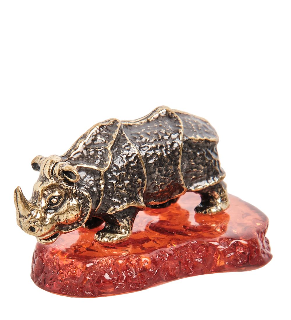 Народные промыслы AM-1142 Фигурка «Носорог индийский» (латунь, янтарь)