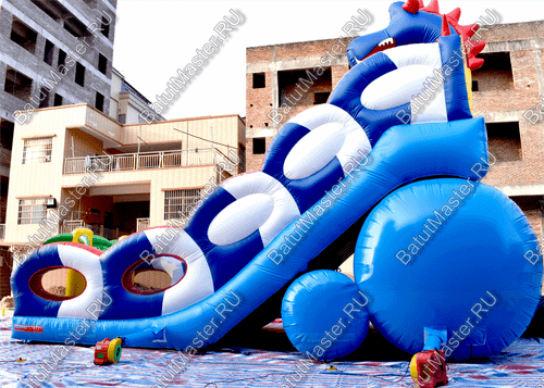 Коммерческий надувной батут-горка "Дракон" 10*5*8 м,без шипов сине-белый