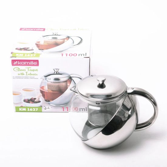Заварочный чайник 1100 мл. стеклянный Kamille KM-1627 со вставкой из нержавеющей стали