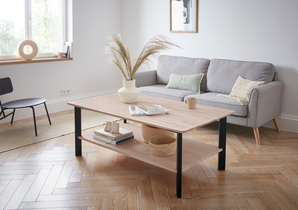 Журнальный дизайнерский столик Виби из дуба 140х80 см в стиле лофт, на металлических ножках