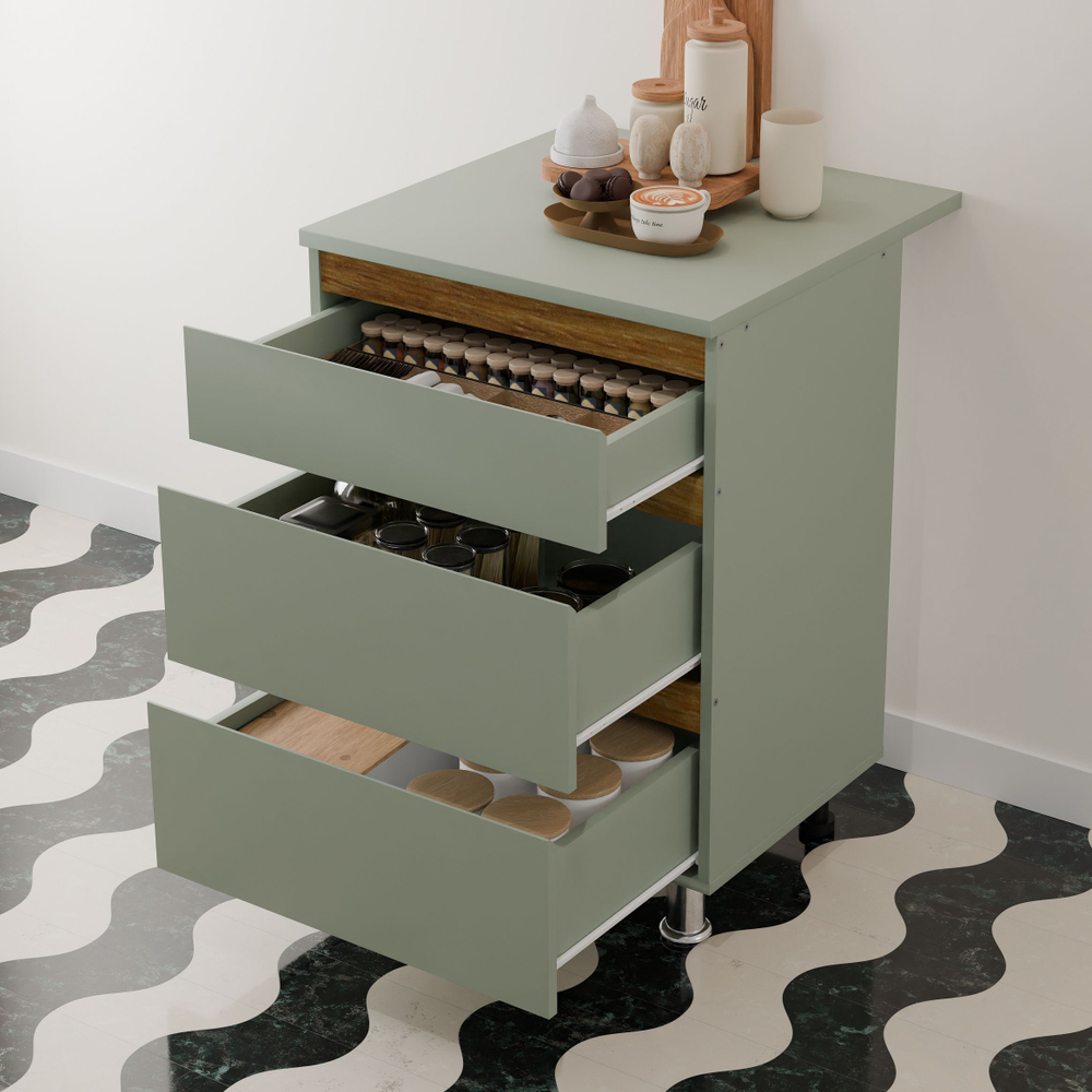 Кухонный модуль напольный 60 см Малага 3 ящика, с дубовыми панелями, на ножках / зеленый самшит, массив дуба