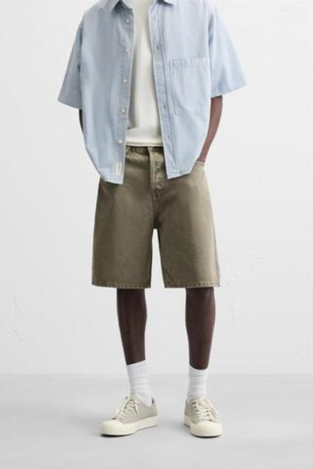 ZARA ДЖИНСОВЫЕ ШОРТЫ STRAIGHT-LEG, ТЕМНЫЙ ХАКИ