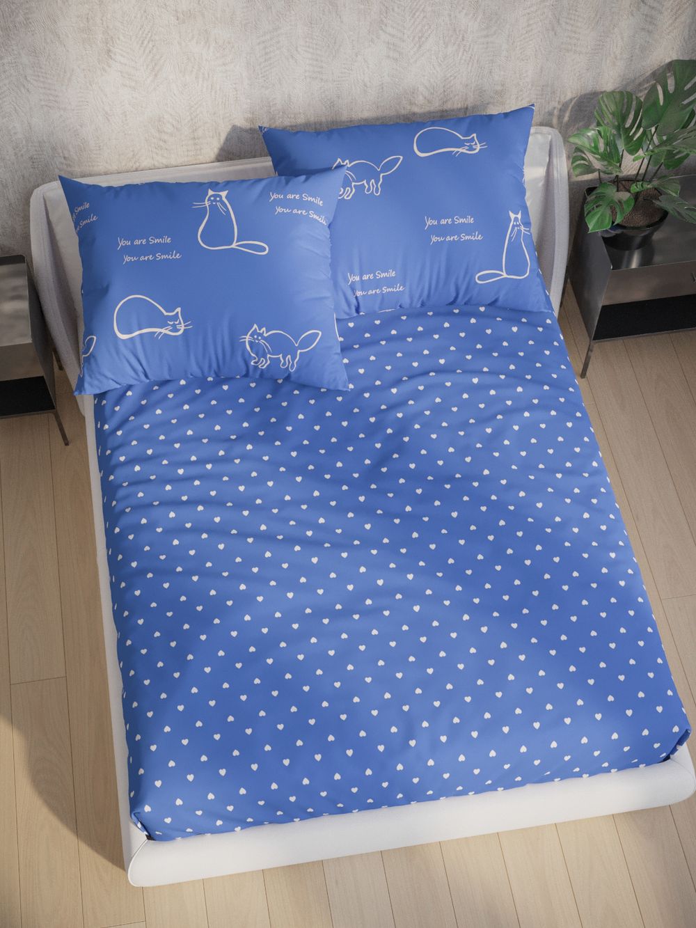 Постельное белье перкаль Сказка "Котики на сиреневом/Ассоль" семейное  Наволочка 50х70 см 2 шт Простынь на резинке 160x200 см Пододеяльник 145x215 см 2шт